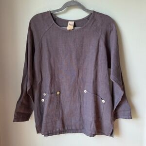 Match Point Linen Top Purple Gray Front Pockets Button Detail Relaxed Fit Small